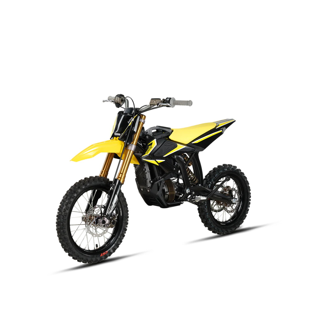 Surron Hyper Bee electric off-road bike, black with gold accents, limited edition, three-quarter front view