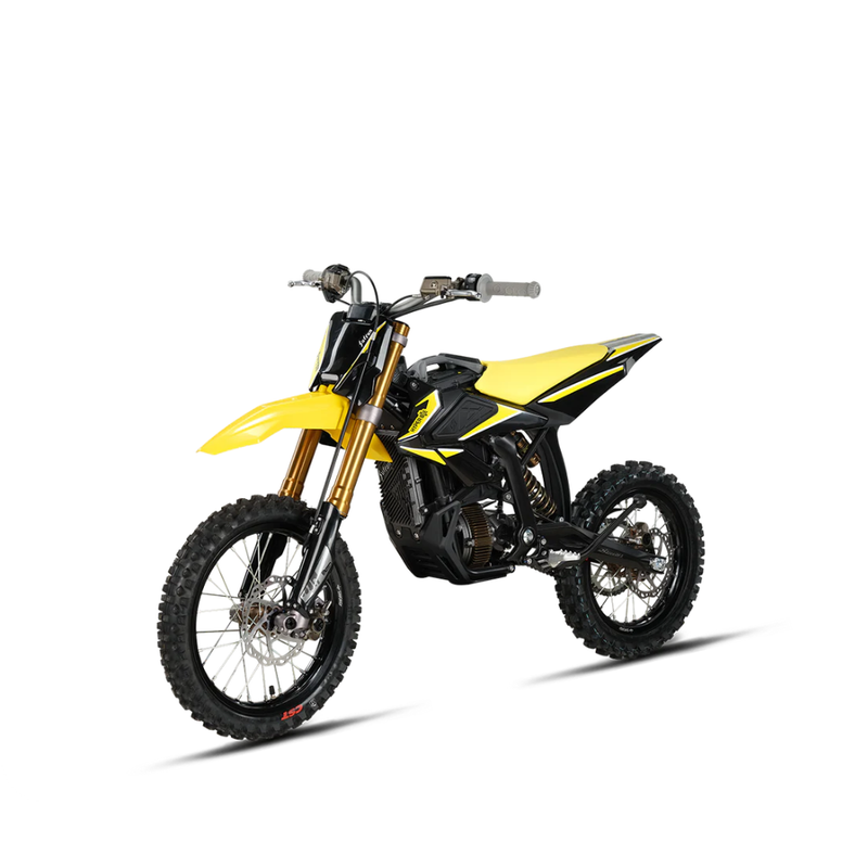 Surron Hyper Bee electric off-road bike, black with gold accents, limited edition, three-quarter front view