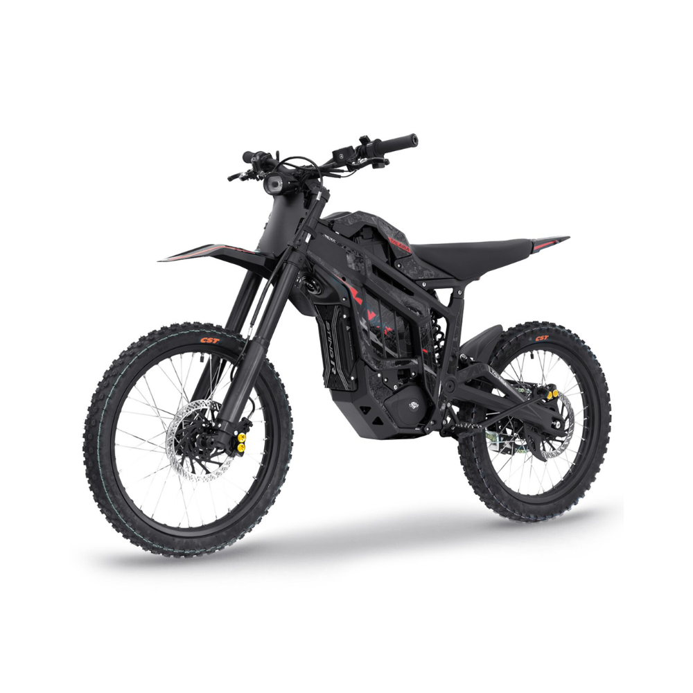 Talaria Sting R electric off-road bike, black with red accents, three-quarter front view