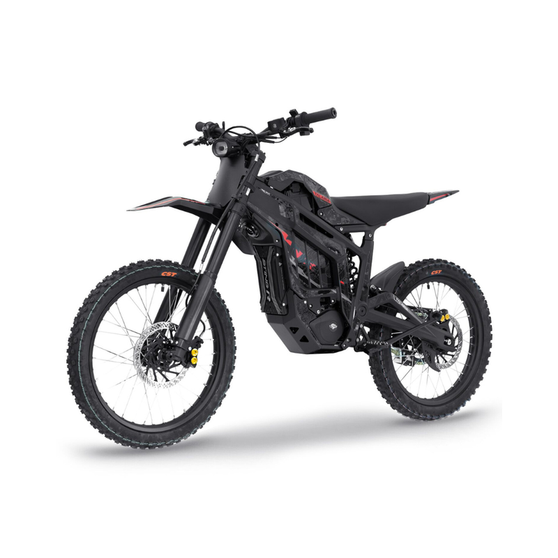 Talaria Sting R electric off-road bike, black with red accents, three-quarter front view